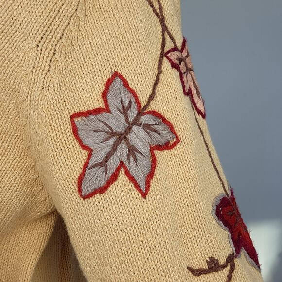 Vintage Leaf Cardigan Sweater Embroidered Cotton XL - Picture 7 of 11